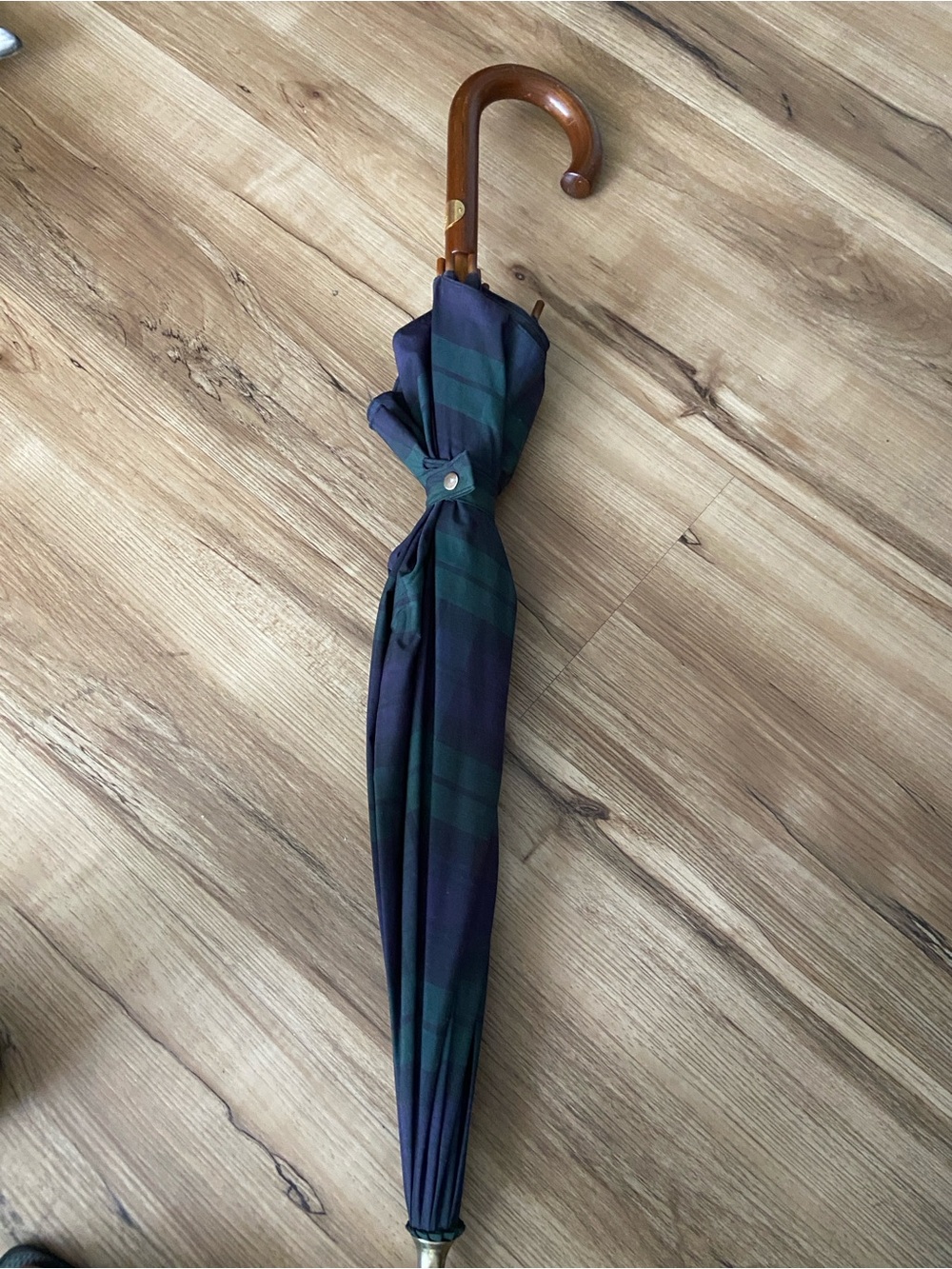 Ralph Lauren vintage classic Plaid Walking Umbrella in Blue and Green, gold tag